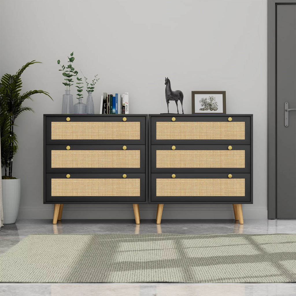 Black 3-Drawer Rattan Dresser Storage Cabinet L567