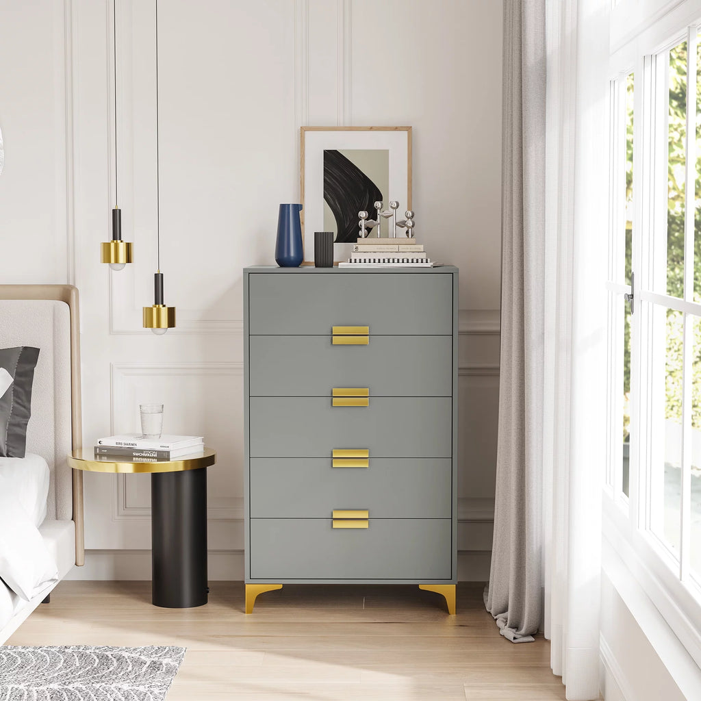 5 Drawer Solid Wood Dresser with Gold Metal Legs B197452