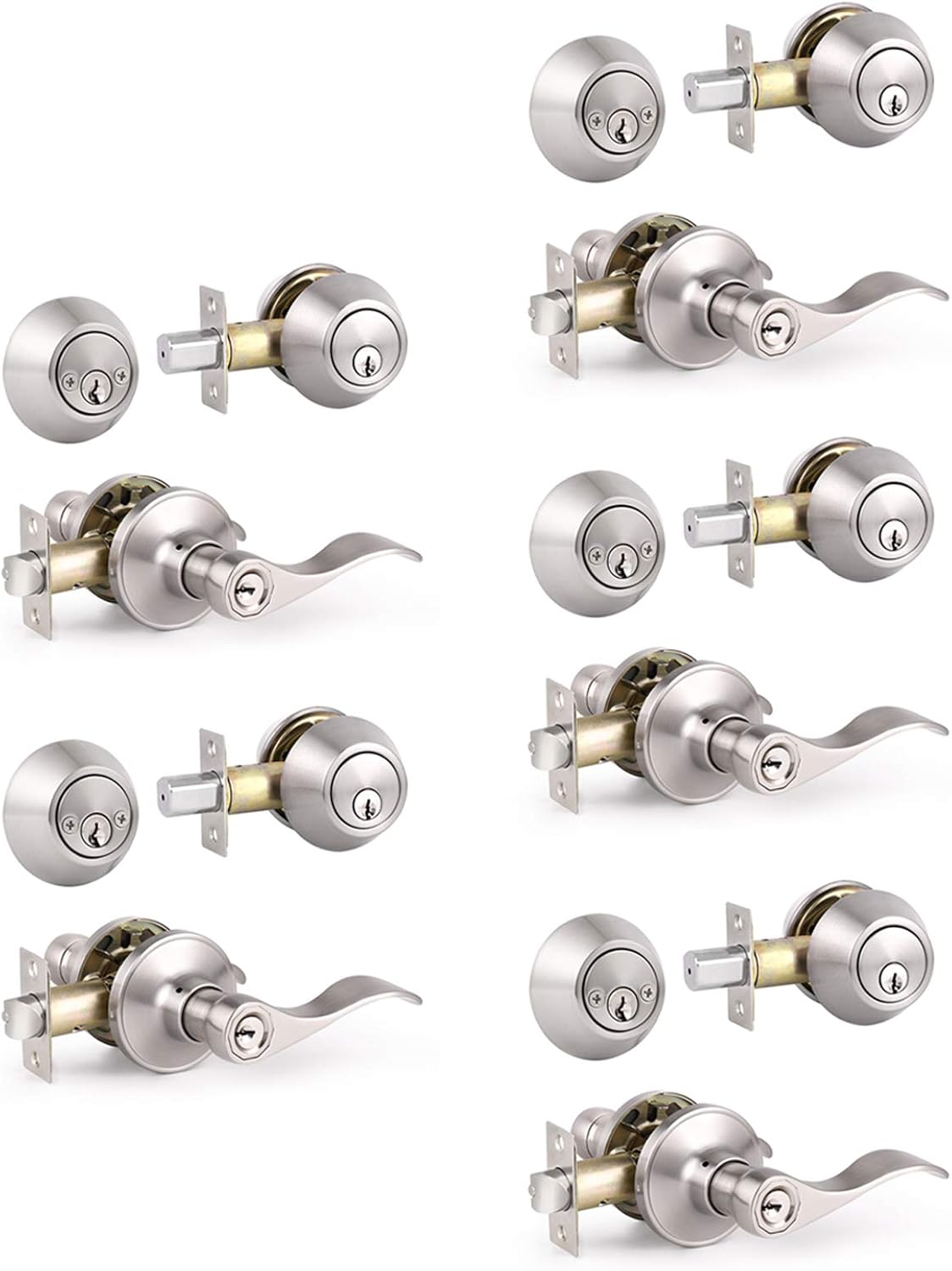 6 Pack Satin Nickel Entry Door Levers with Double Cylinder Deadbolt Handlesets U393220