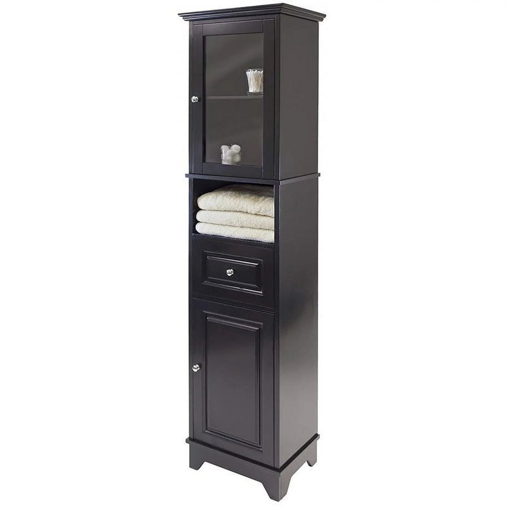 Tall Black Wood Bathroom Storage Cabinet with Glass Door and Drawer K843783