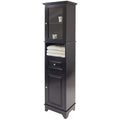 Tall Black Wood Bathroom Storage Cabinet with Glass Door and Drawer K843783