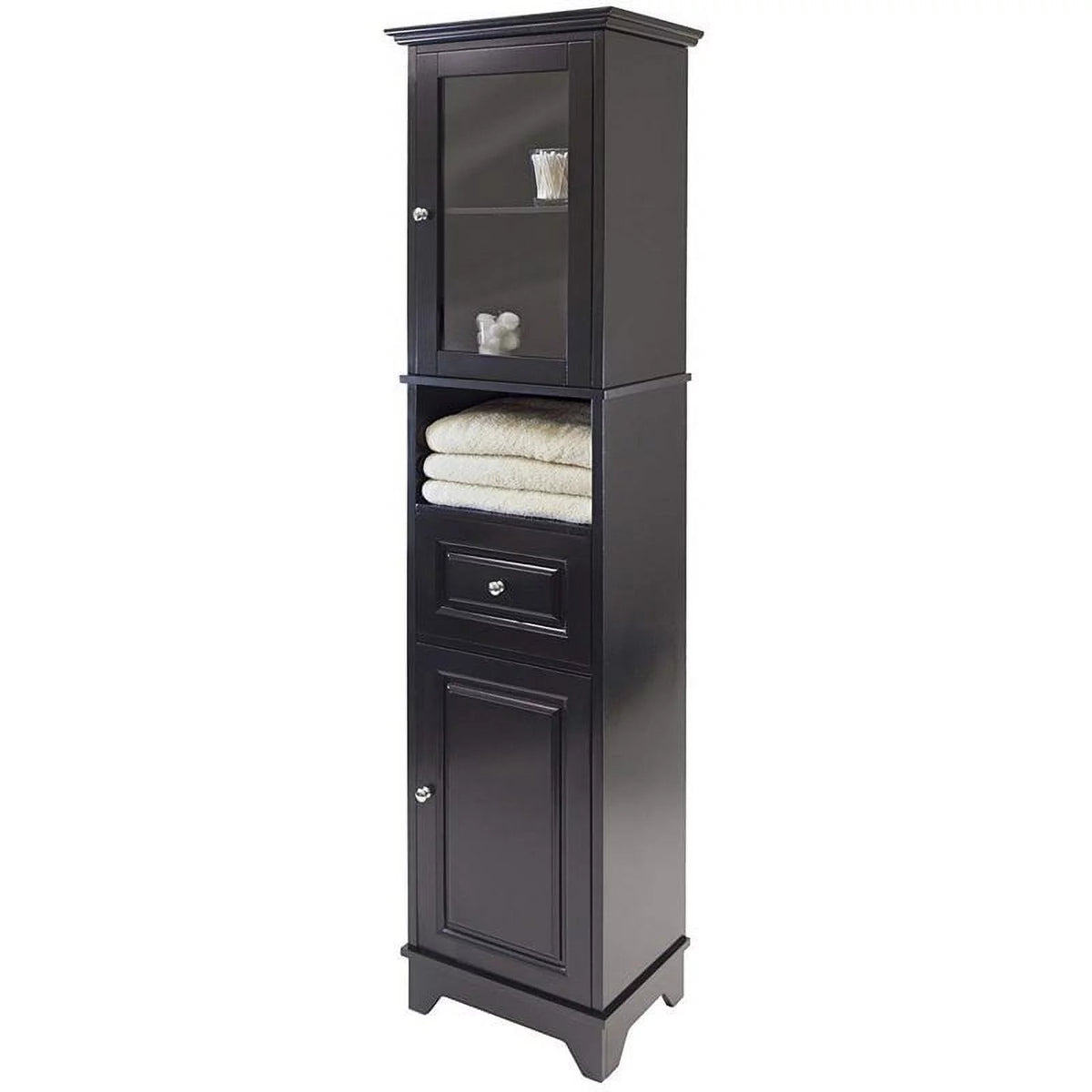 Tall Black Wood Bathroom Storage Cabinet with Glass Door and Drawer K843783