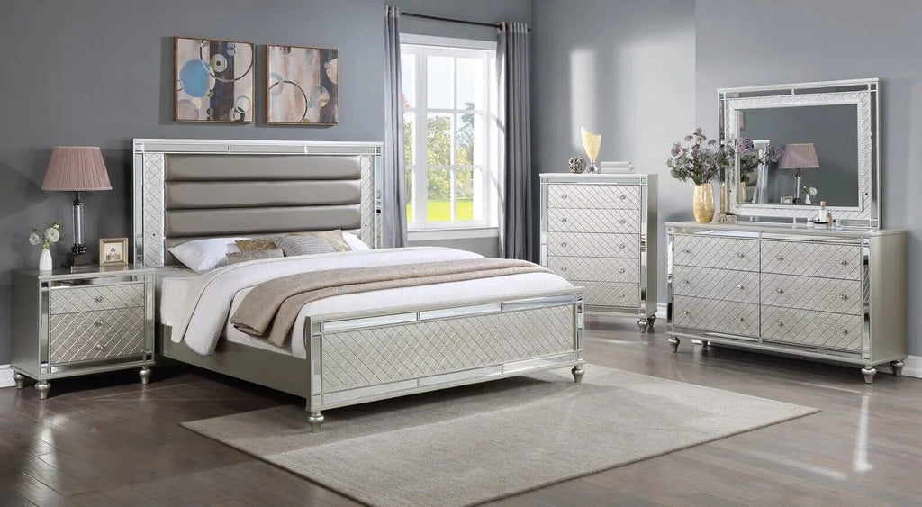 4pc Queen Size Upholstery LED Bed Dresser Mirror Nightstand Wooden Furniture Set M43780