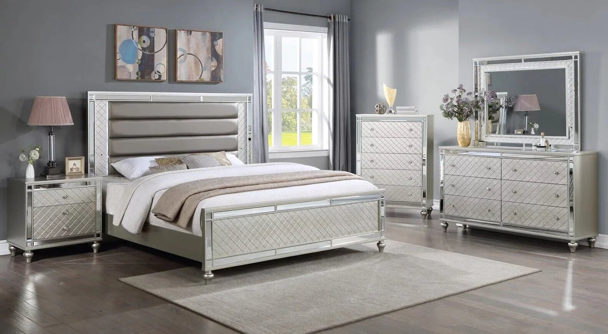 4pc Queen Size Upholstery LED Bed Dresser Mirror Nightstand Wooden Furniture Set M43780