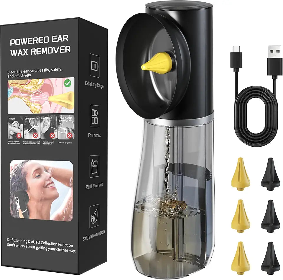 Ear Wax Removal with Dual Tank, 4 Pressure Settings, 6 Nozzels, Rechargeable, IPX7, Black H221