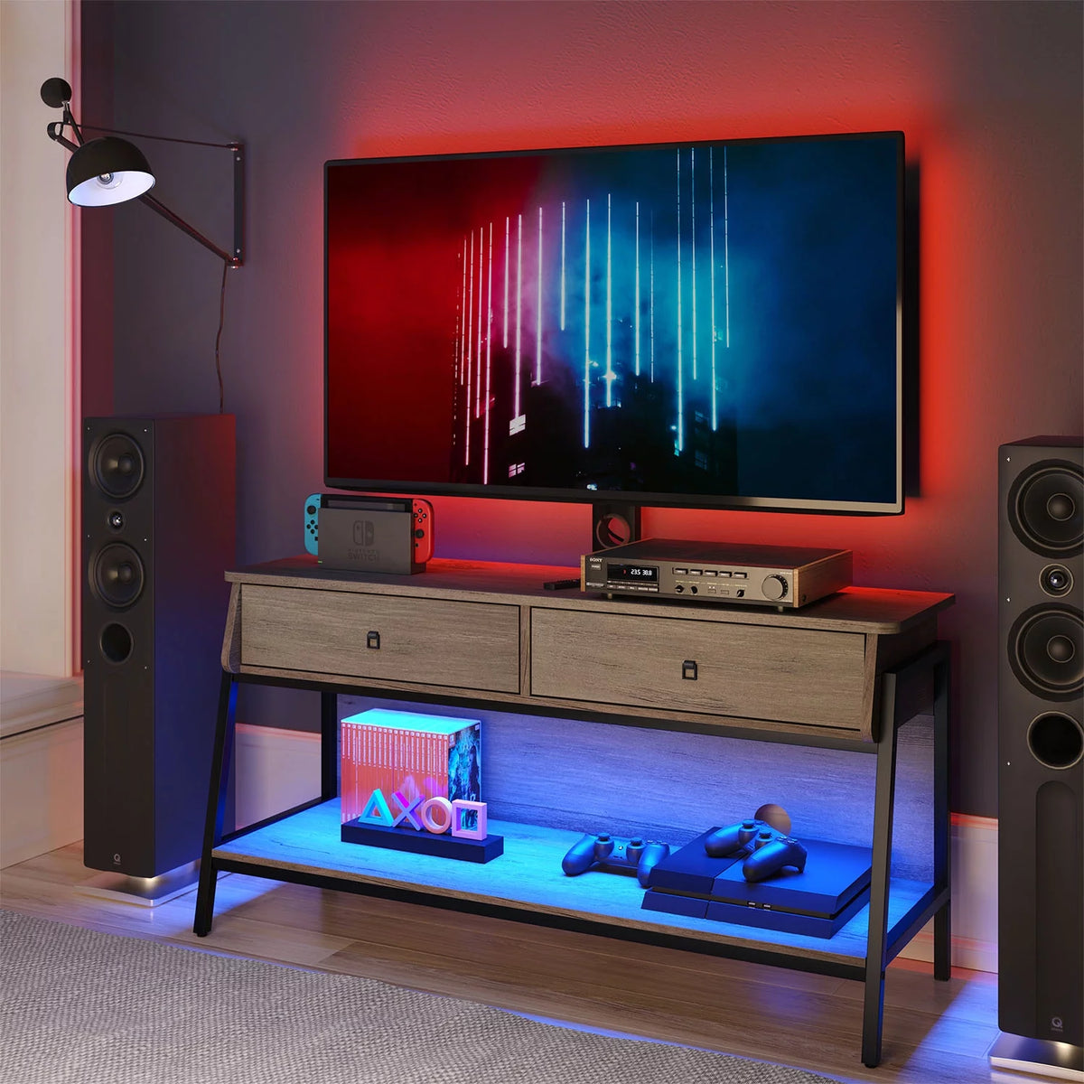 TV Stand with Adjustable Wall Mount, Grey Wash Finish K70200