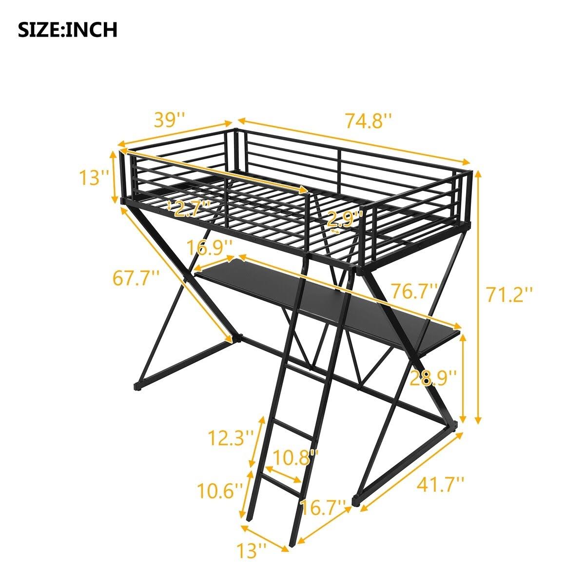 Twin Loft Bed with Desk, Ladder, and Guardrails A590