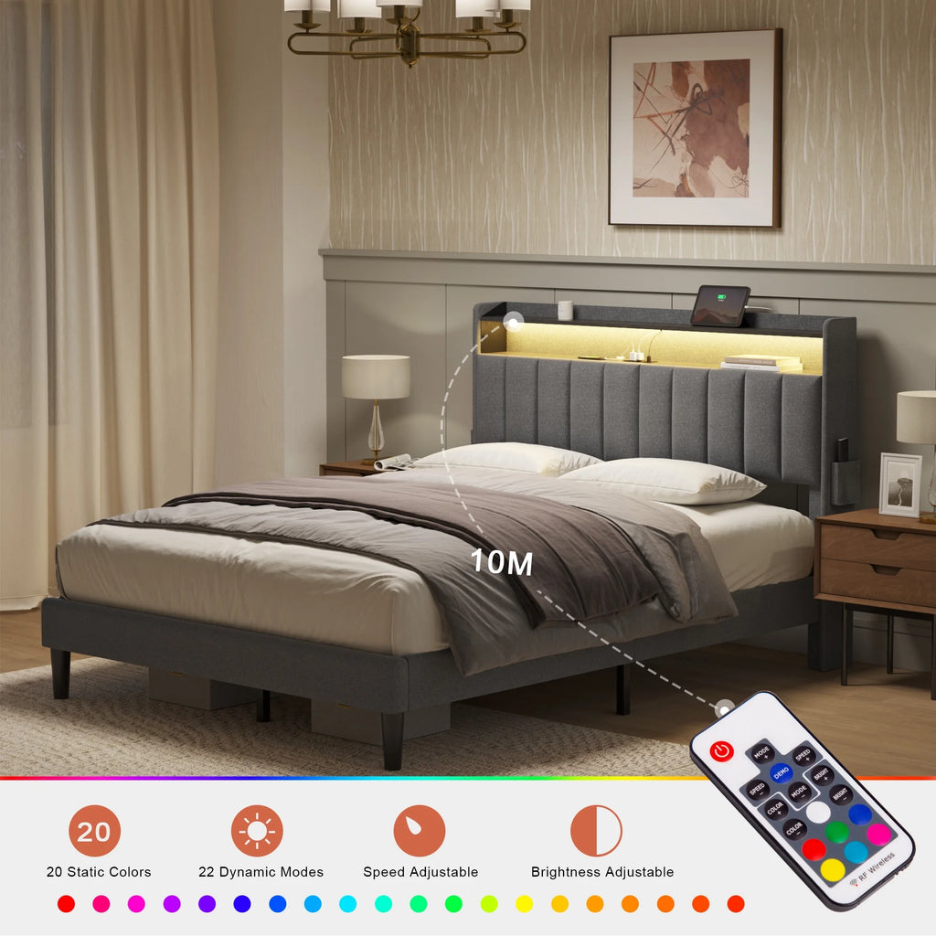 Queen Upholstered Platform Bed Frame with Storage Headboard M534