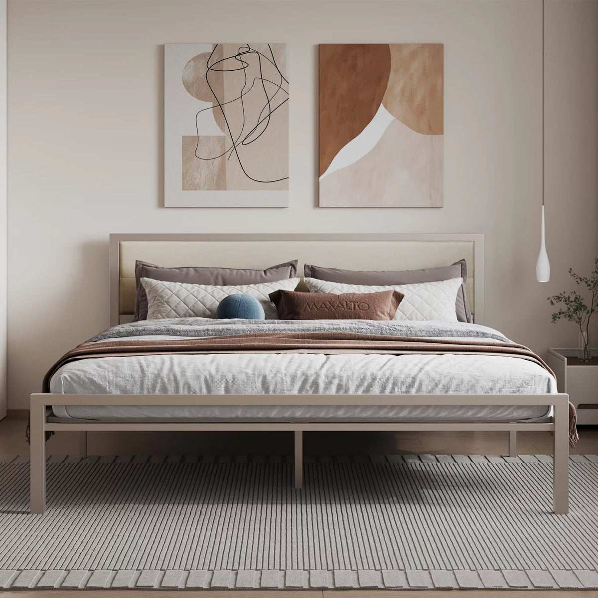 Queen Size Steel Platform Bed Frame with Fabric Headboard X38476