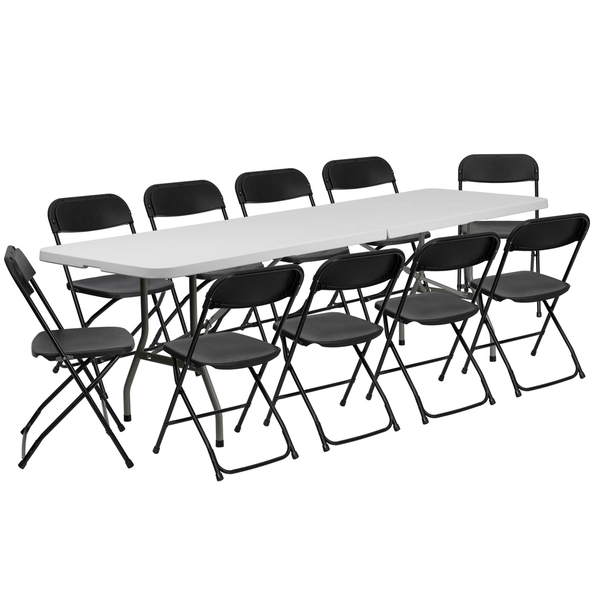 8' Bifold Granite White Plastic Folding Table Set With 10 Folding Chairs O150513