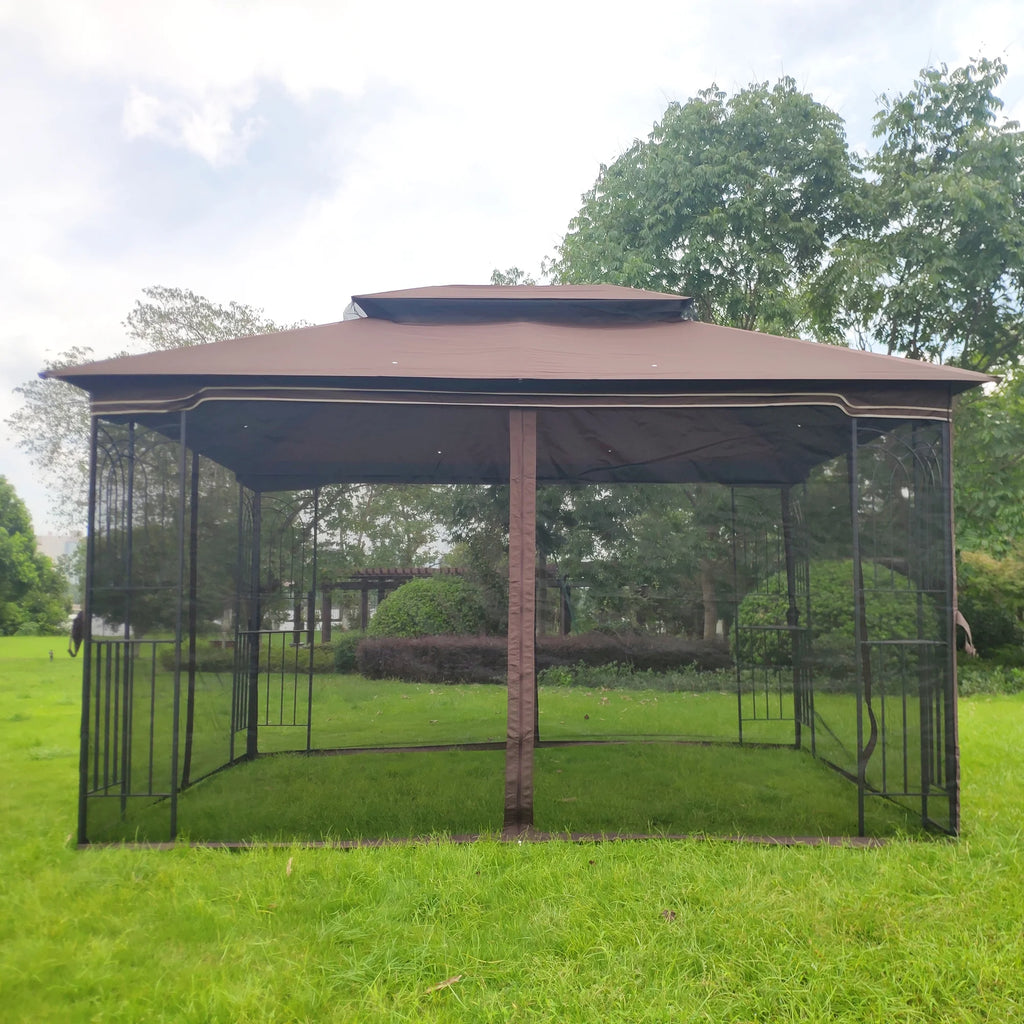 Brown Outdoor Patio Gazebo Canopy Tent with Ventilated Double Roof and Mosquito Net A951903