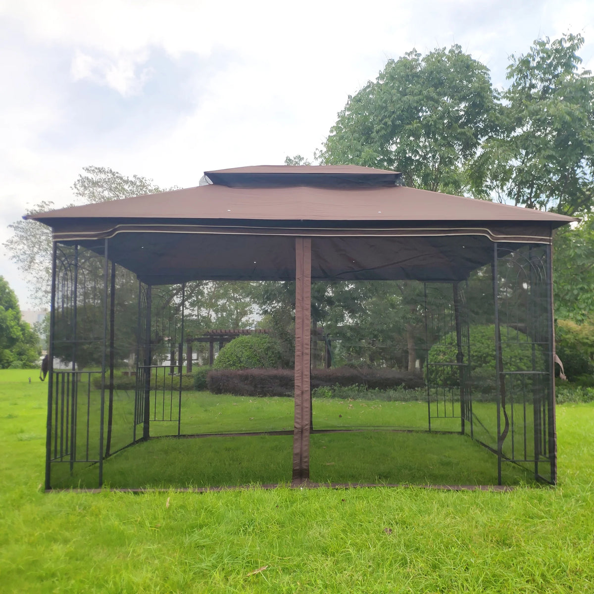 Brown Outdoor Patio Gazebo Canopy Tent with Ventilated Double Roof and Mosquito Net A951903