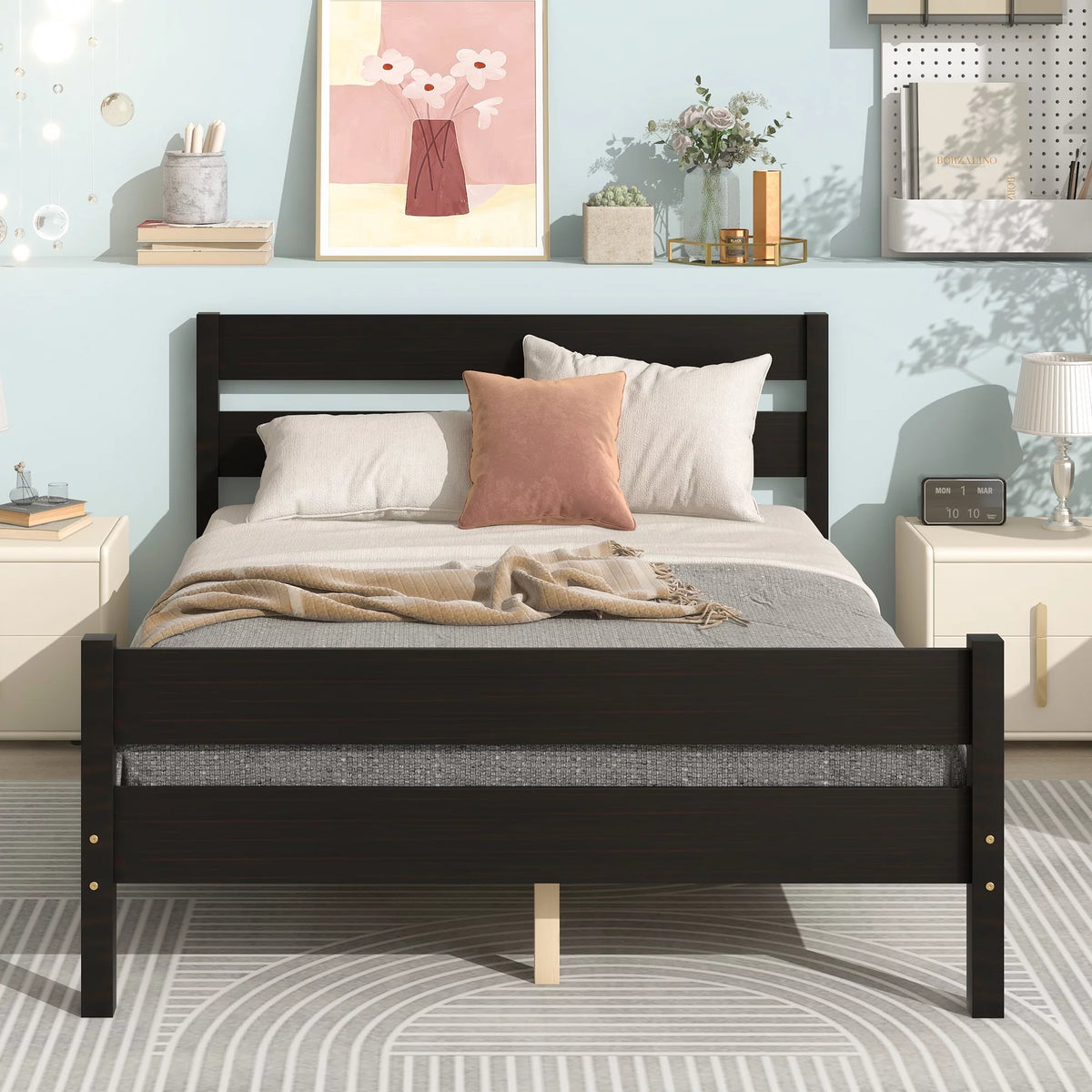 Full Espresso Platform Bed Frame with Headboard and Under Bed Storage W95631