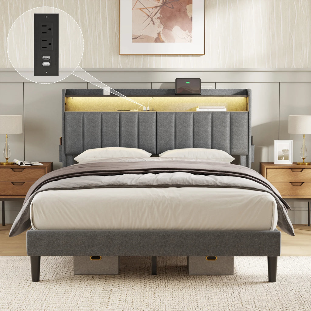 Queen Upholstered Platform Bed Frame with Storage Headboard M534