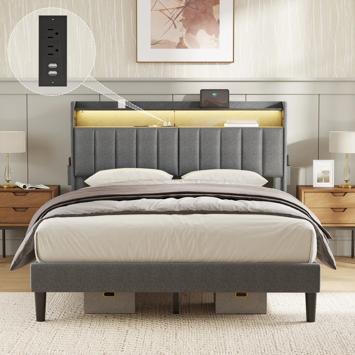 Queen Upholstered Platform Bed Frame with Storage Headboard M534