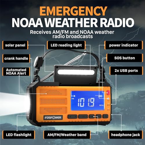 Emergency Weather Radio with Portable Power Bank, Solar Hand Crank Charging, SOS Alarm & Flashlight C3345