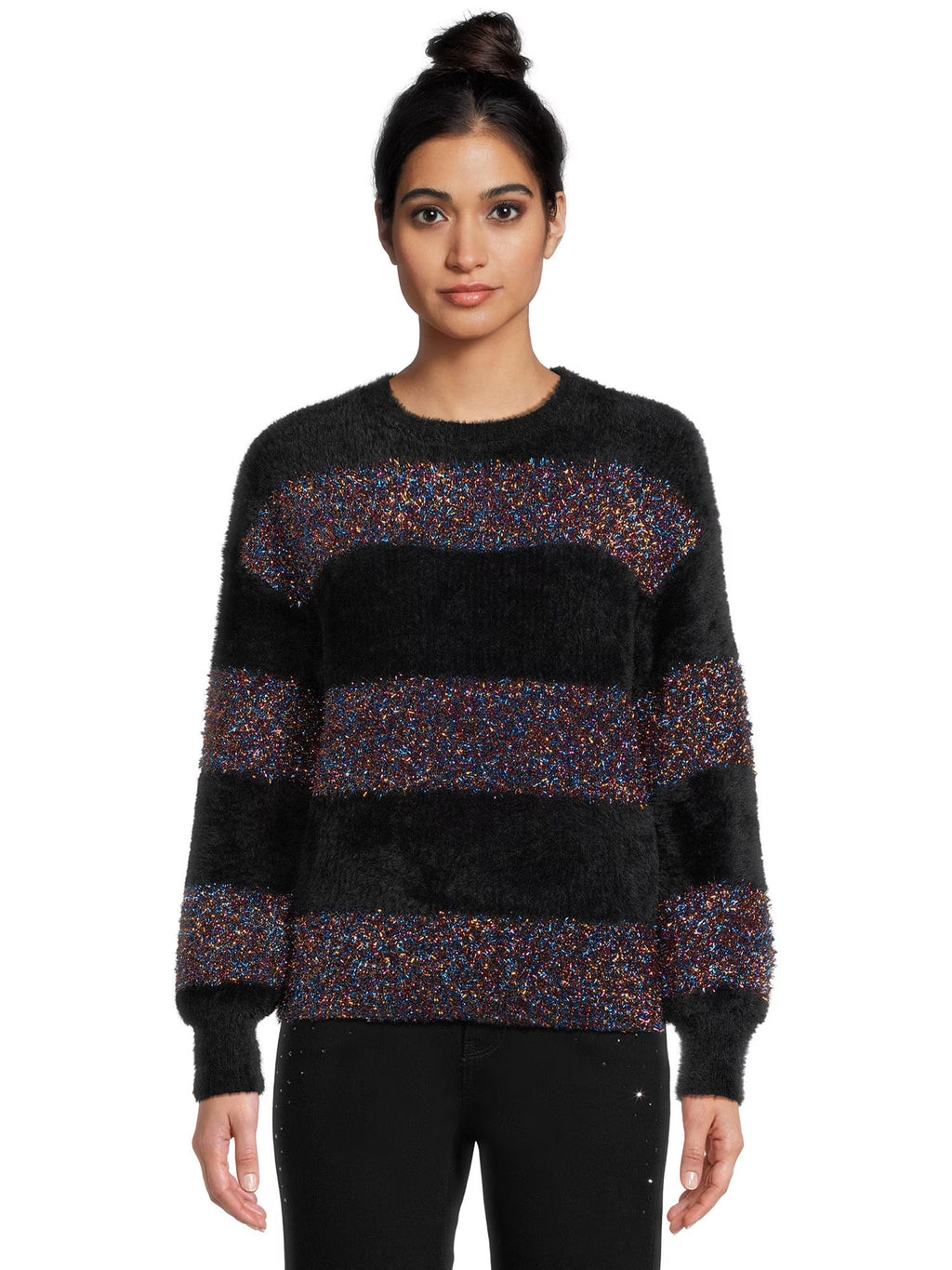 Metallic Stripe Pullover Sweater with Long Sleeves T218