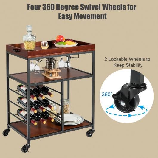 3 Tier Bar Serving Cart with Wine Rack and Glass Holder M919316