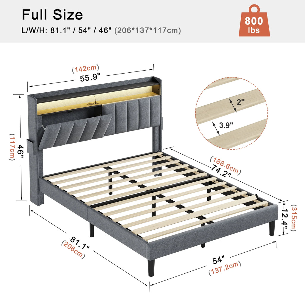 Queen Upholstered Platform Bed Frame with Storage Headboard M534