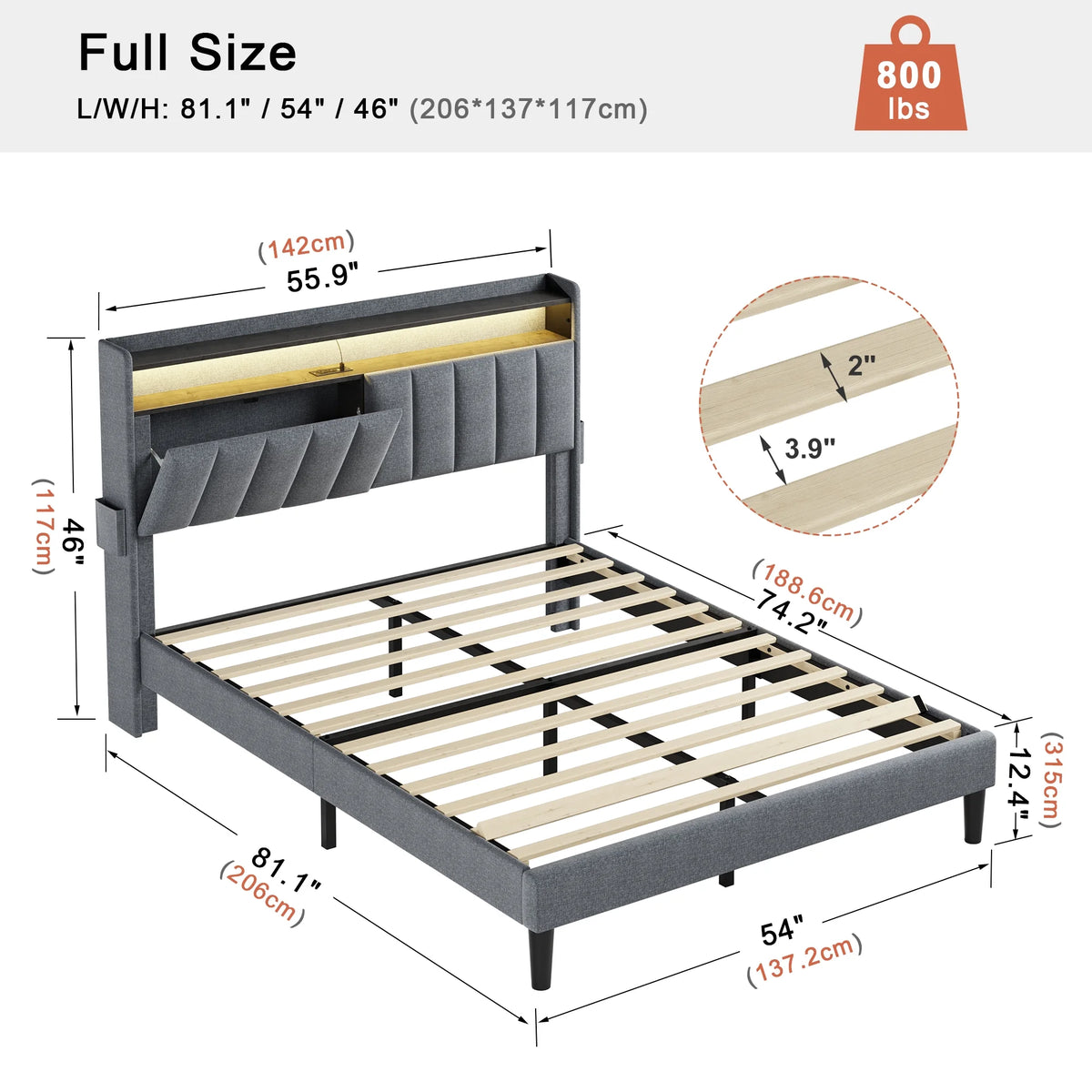 Queen Upholstered Platform Bed Frame with Storage Headboard M534