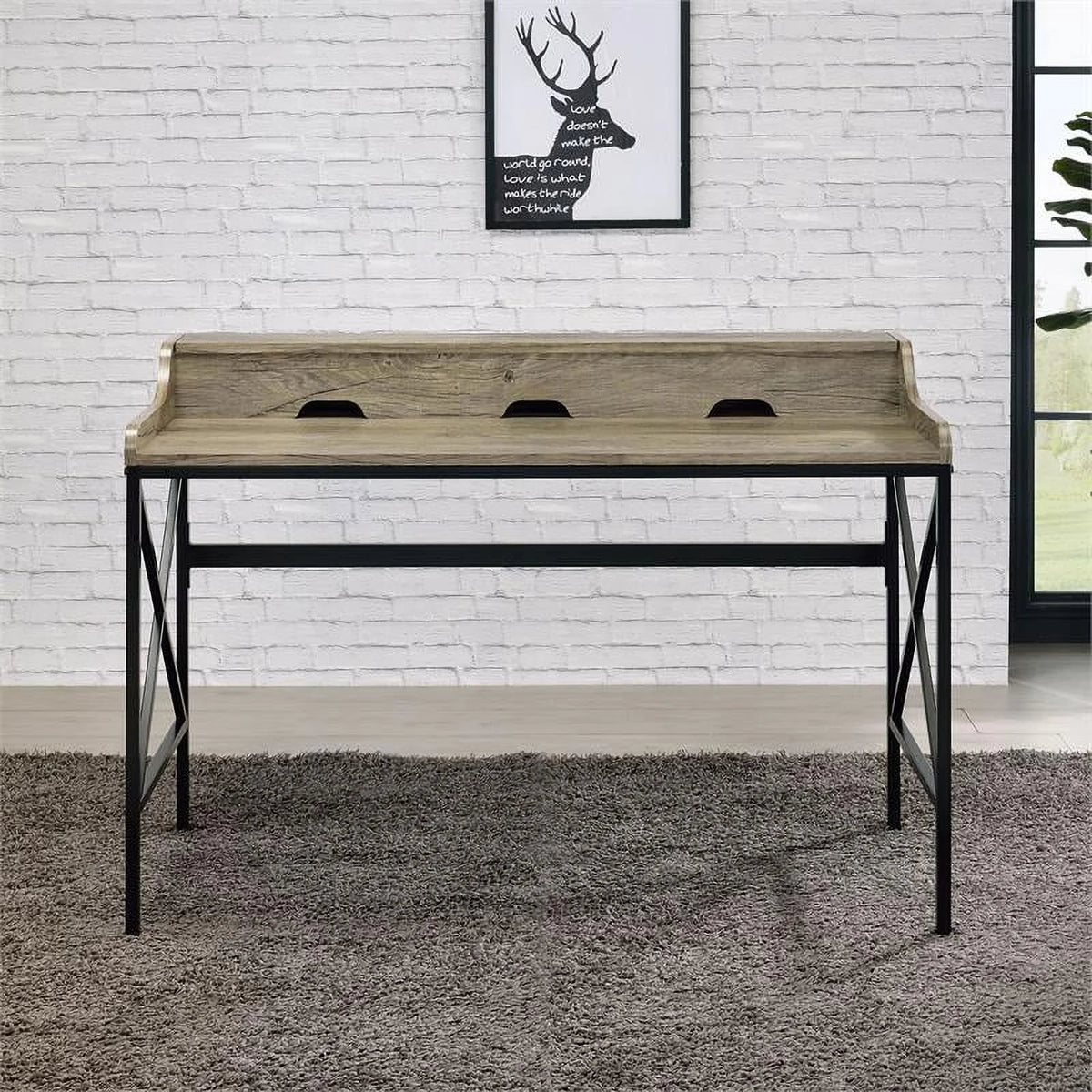 Wood and Black Metal Desk with USB Port K1463