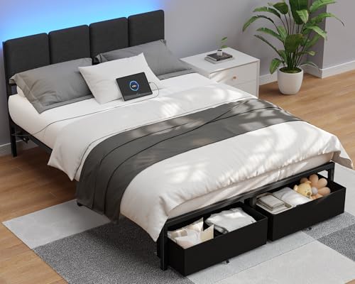 Queen Size Upholstered Platform Bed Frame with Headboard and Storage Drawer Q3270