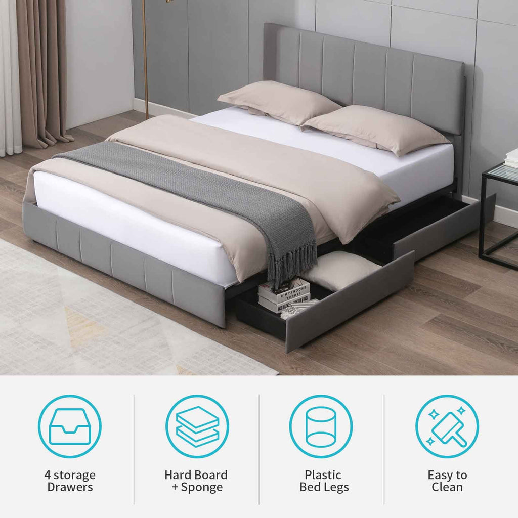 King Size Velvet Upholstered Platform Bed Frame with 4 Storage Drawers B904