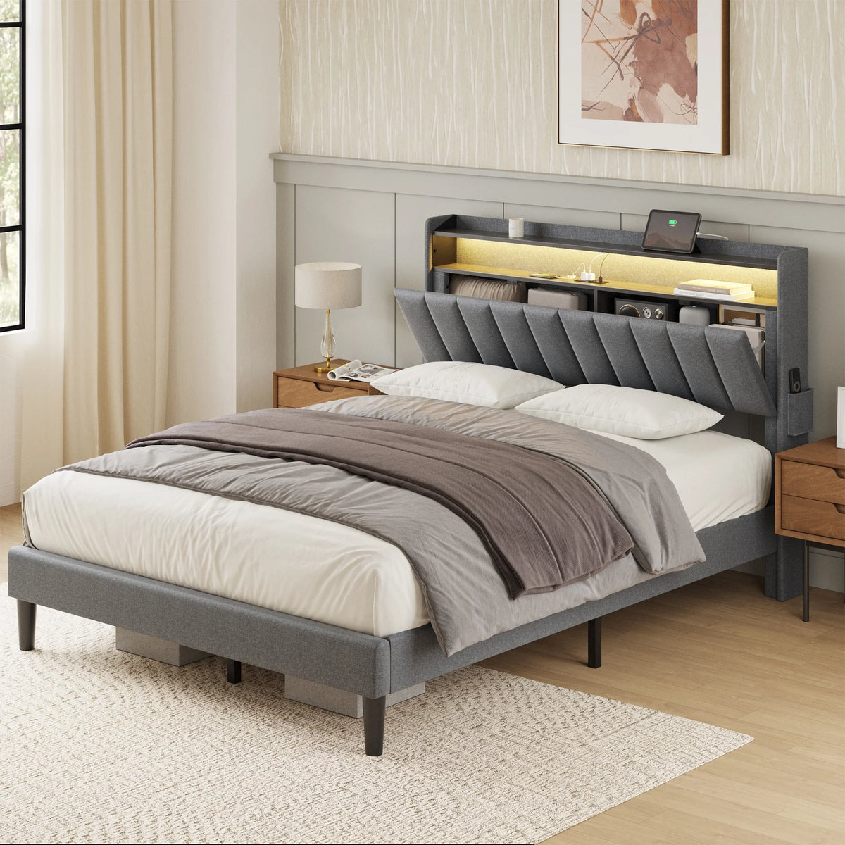 Queen Upholstered Platform Bed Frame with Storage Headboard M534