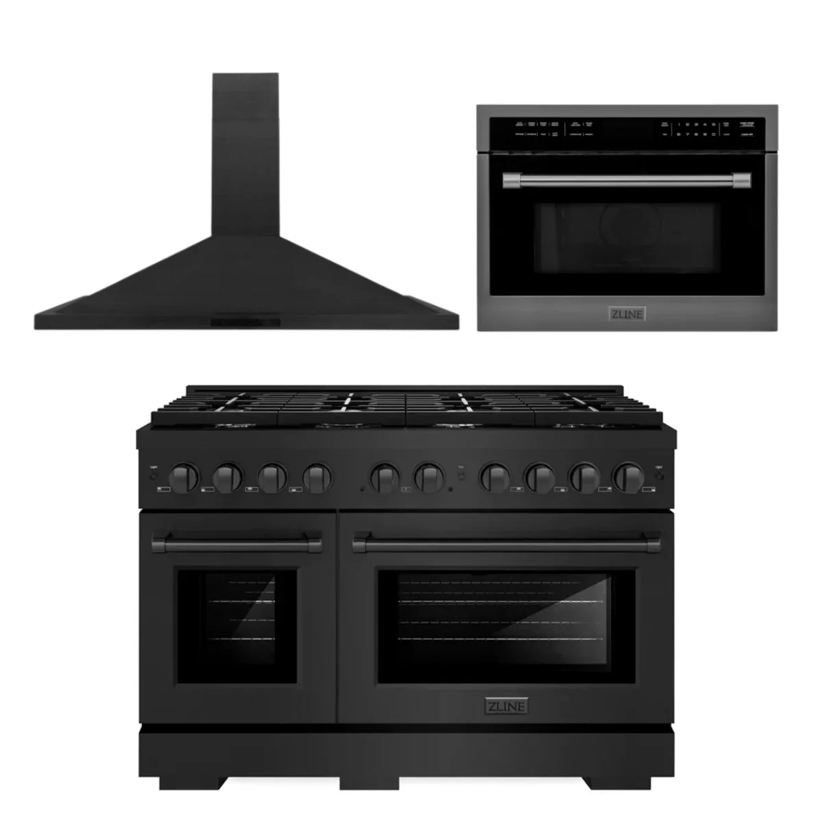 48 In. Gas Range, Range Hood and Microwave Oven in Black Stainless Steel T8363