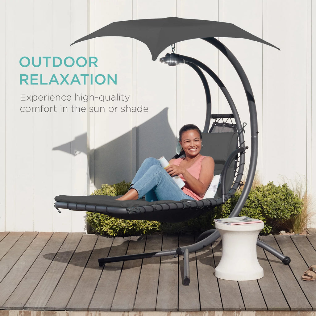 Hanging LED-Lit Curved Chaise Lounge Chair with Pillow, Canopy, Stand - Gray U24490