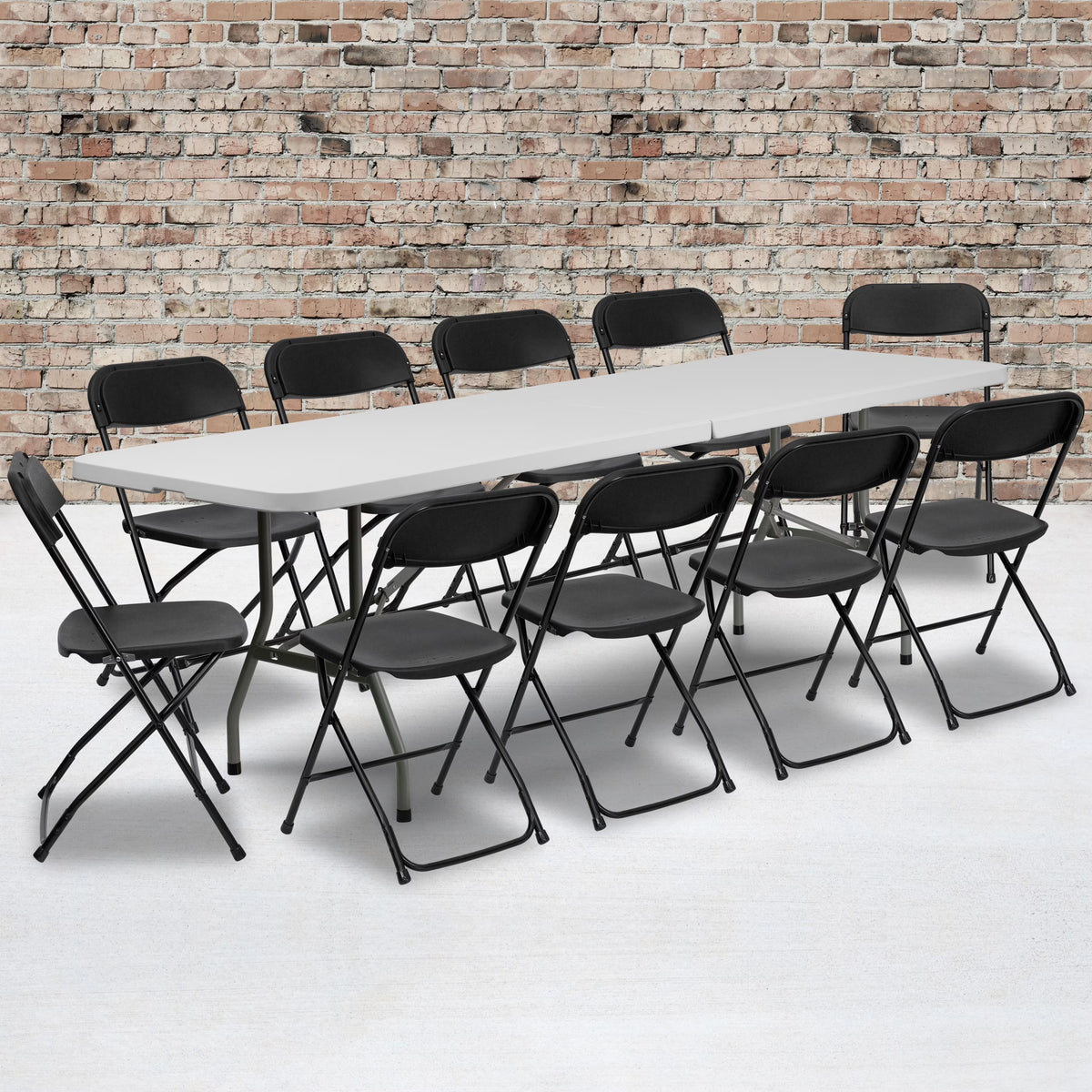 8' Bifold Granite White Plastic Folding Table Set With 10 Folding Chairs O150513