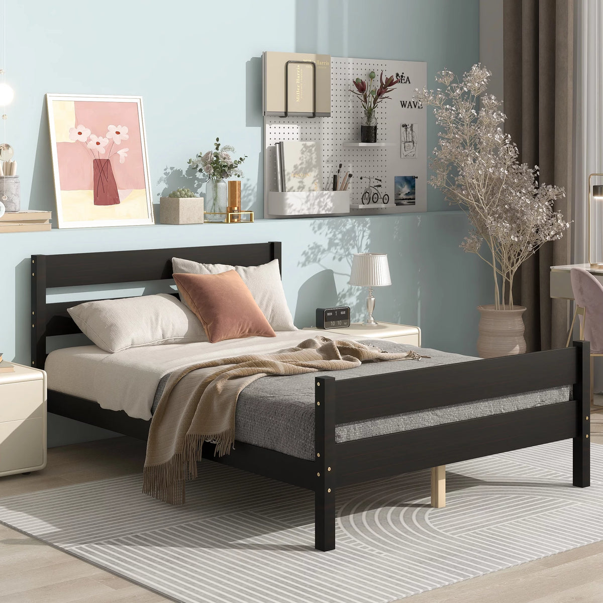 Full Espresso Platform Bed Frame with Headboard and Under Bed Storage W95631