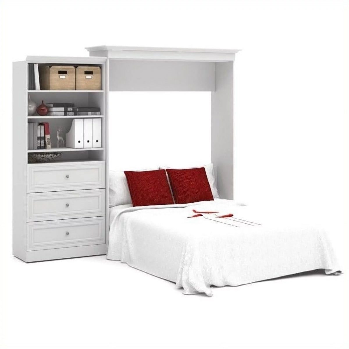 White Wood Queen Murphy Bed and Organizer with Drawers H7704