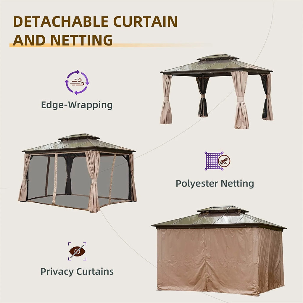Brown Hardtop Pergola with Bug Netting and Curtains X7038