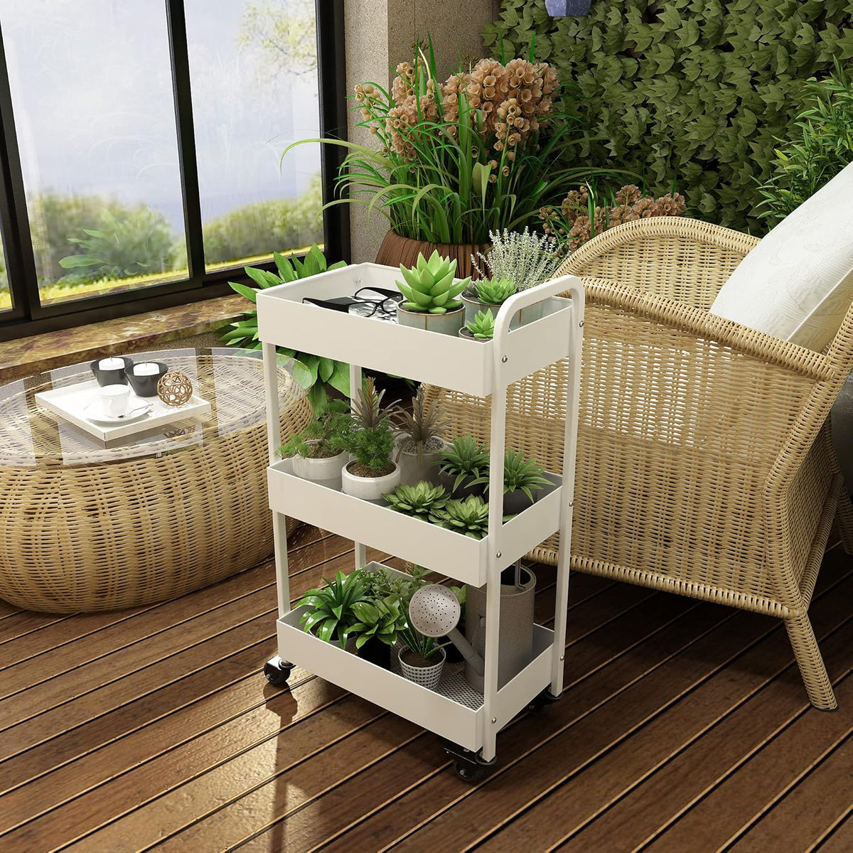 3-Tier White Metal Rolling Storage Cart with Wheels and Handle K85675