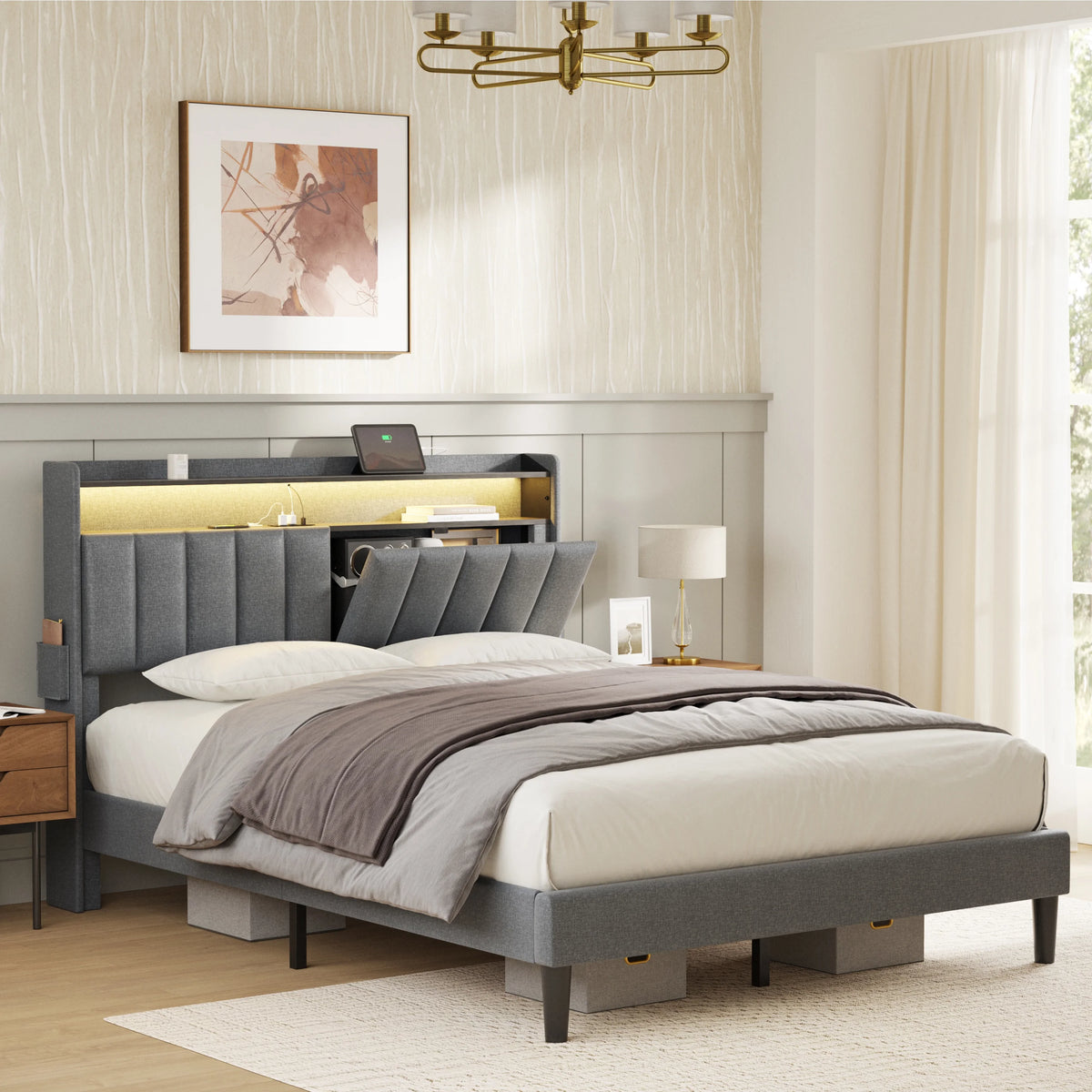Queen Upholstered Platform Bed Frame with Storage Headboard M534
