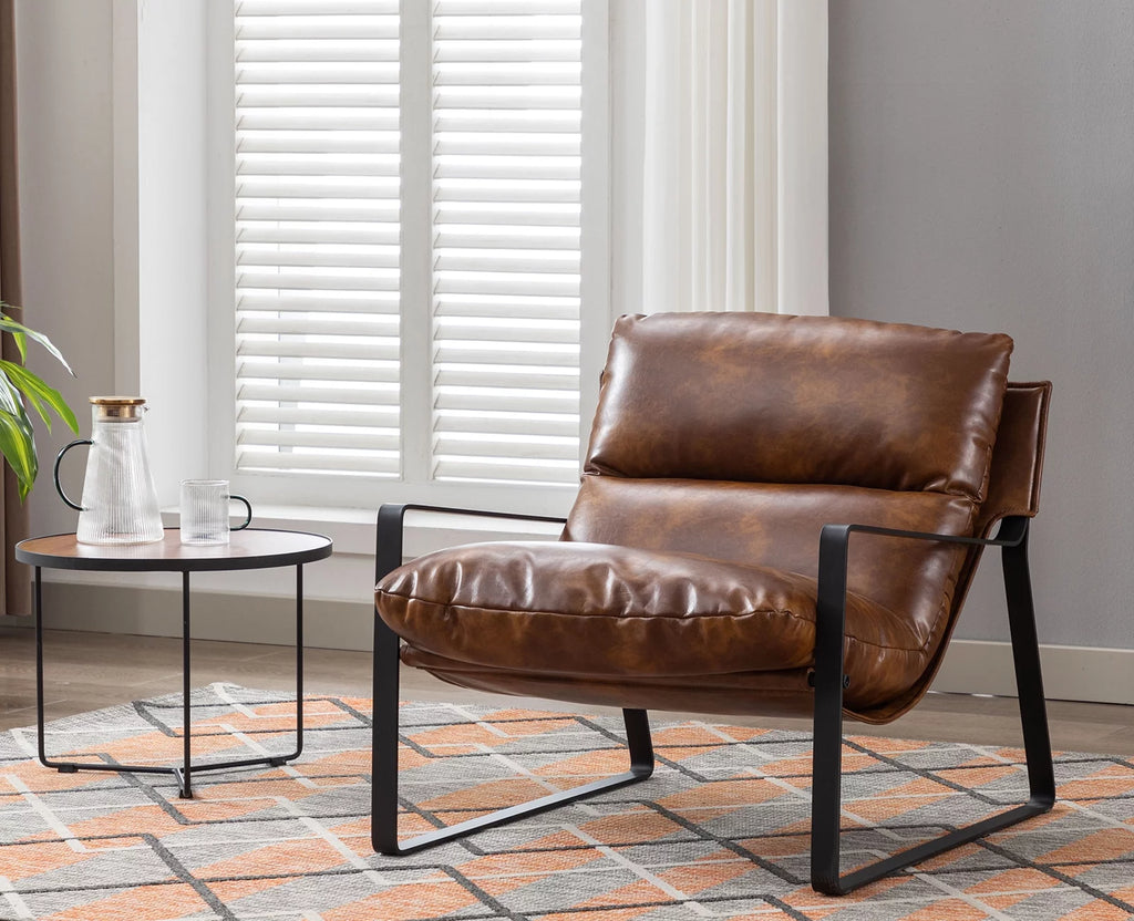 Brown Faux Leather Upholstered Accent Armchair with Metal Base E815955