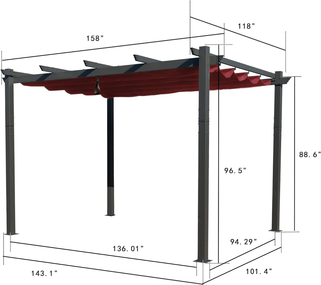 Extra-Large Gray Aluminum Frame Pergola with Sunshade Canopy 10' x 13' Burgundy S721255