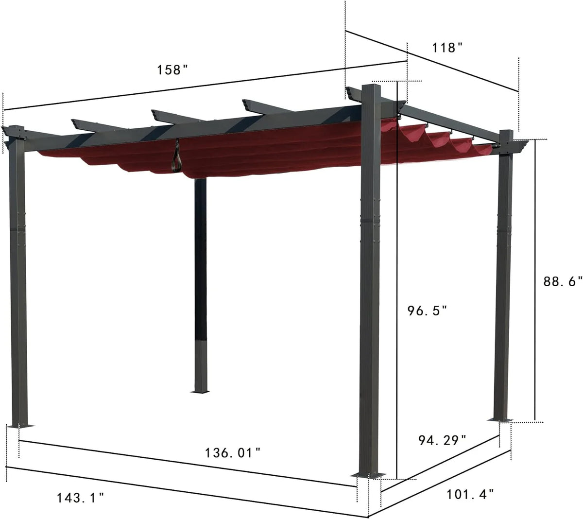 Extra-Large Gray Aluminum Frame Pergola with Sunshade Canopy 10' x 13' Burgundy S721255