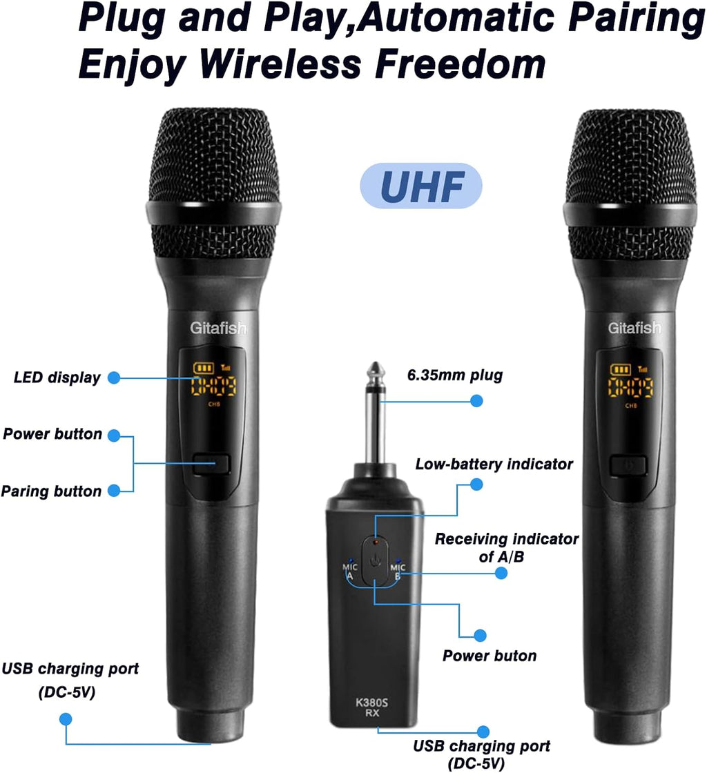 Rechargeable Wireless UHF Dual Cordless Metal Dynamic Microphone System Pack of 2 Y509423