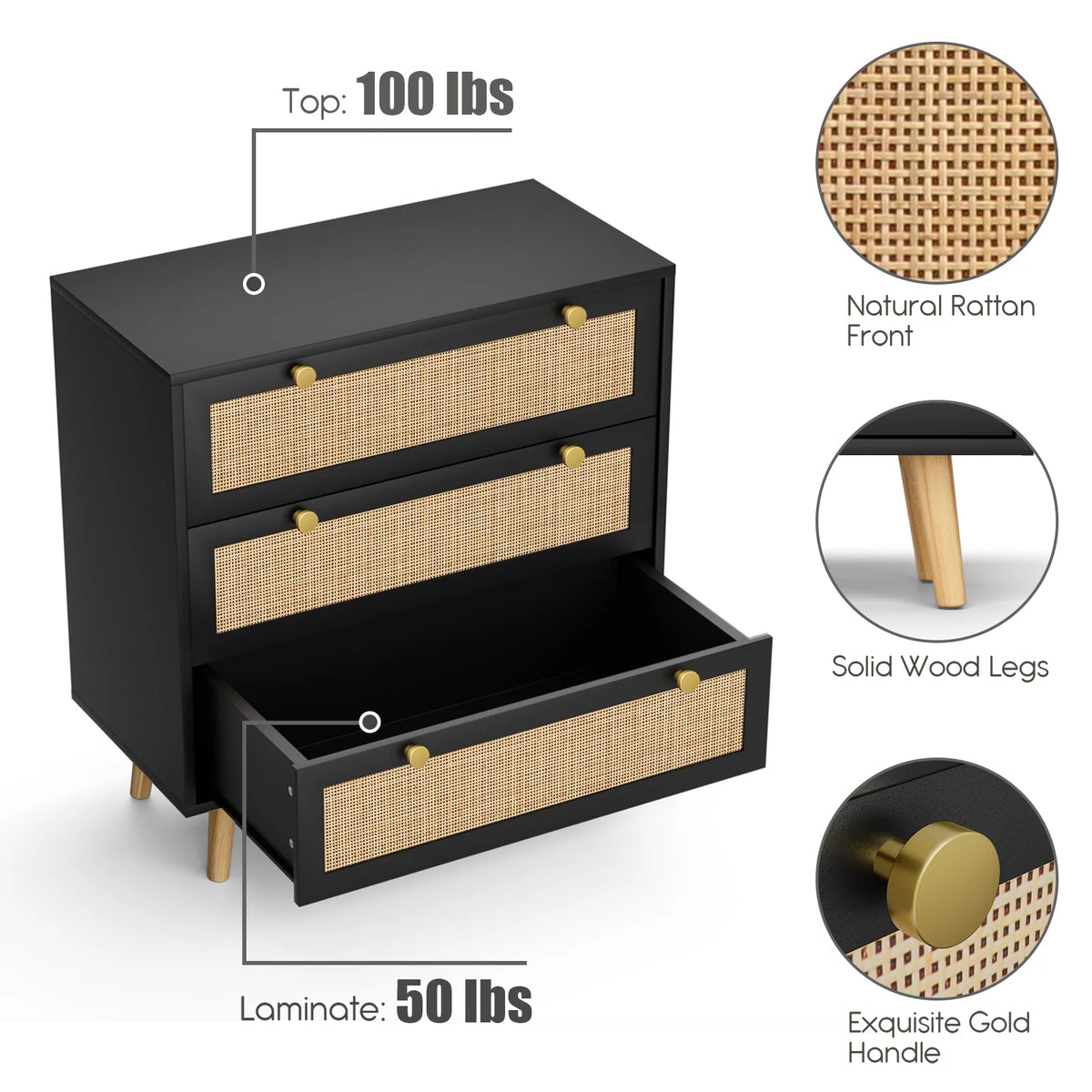 Black 3-Drawer Rattan Dresser Storage Cabinet L567