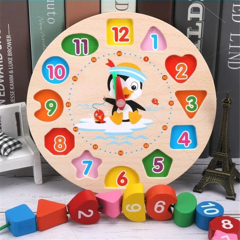 Wooden Shape Color Sorting Clock Toy Number Blocks Puzzle Stacking Sorter Jigsaw N31118