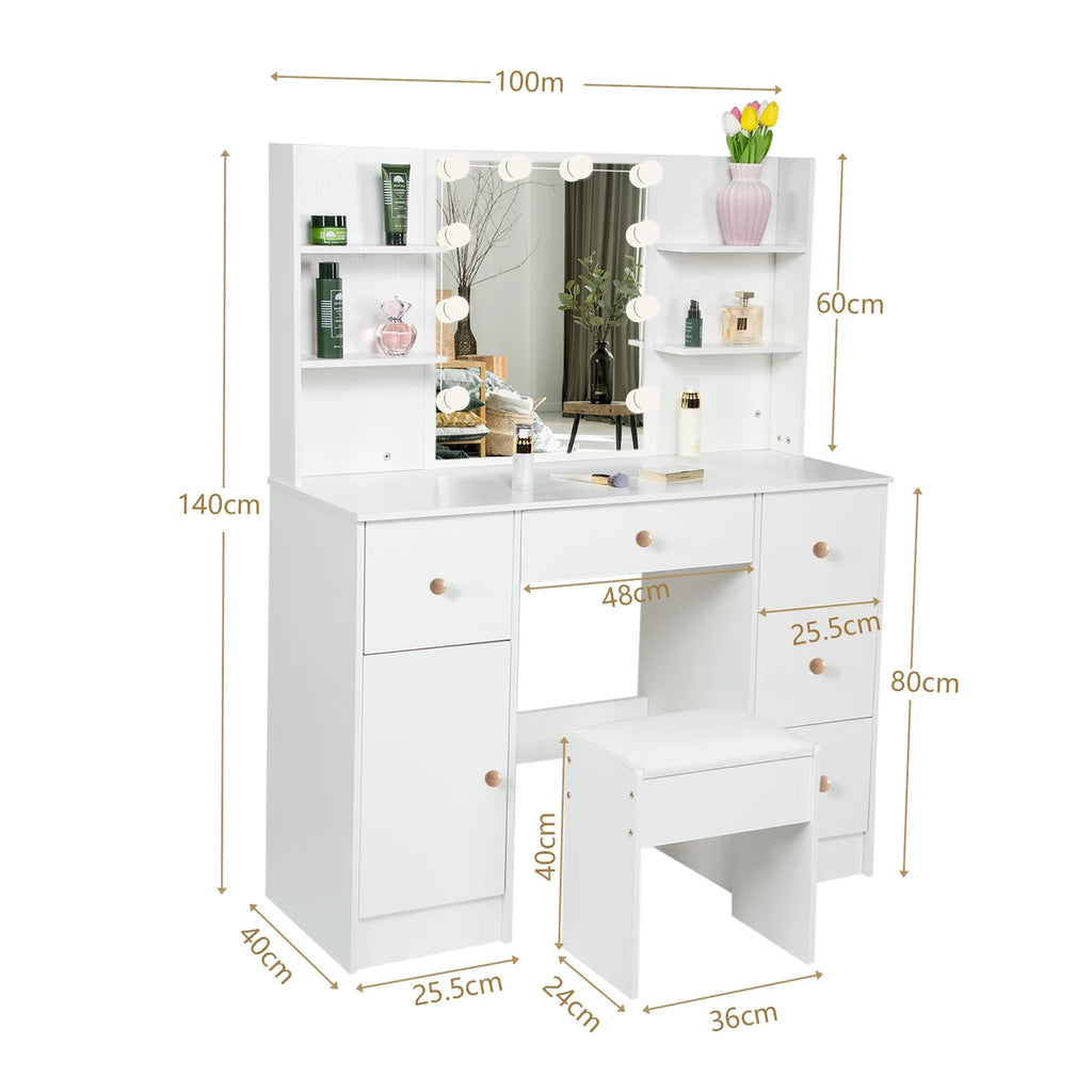 White Vanity Set with Mirror and Lights A2354