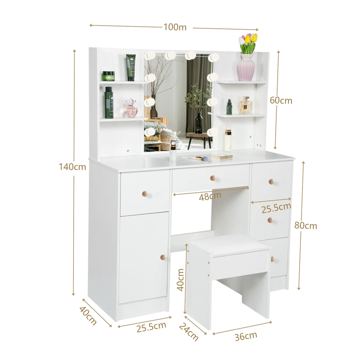 White Vanity Set with Mirror and Lights A2354