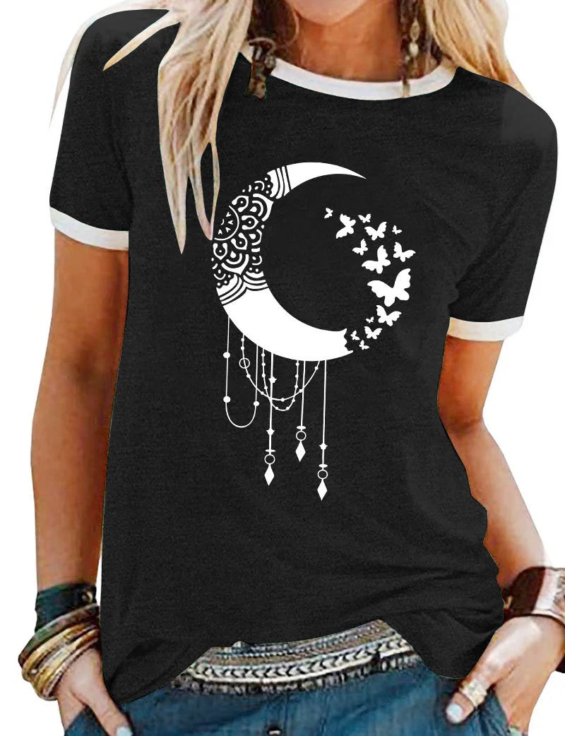 Butterfly Printed Short Sleeve Tee with Crew Neck I889134
