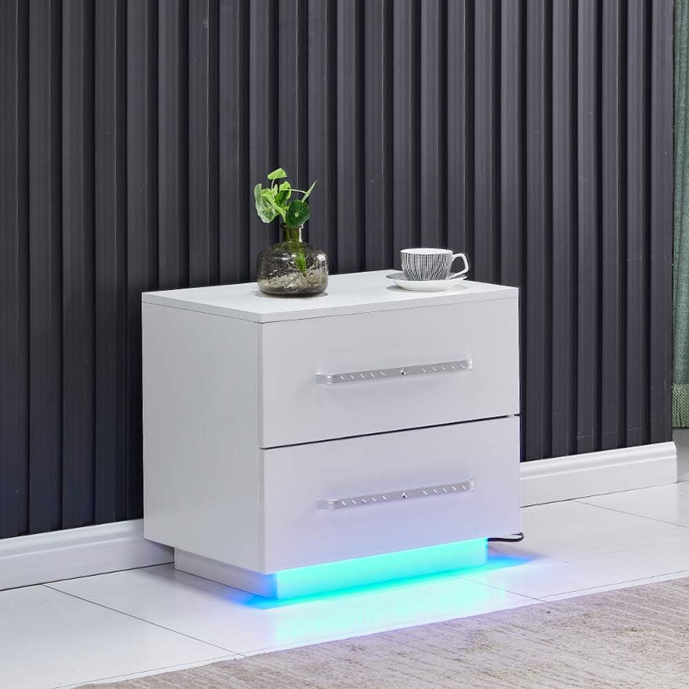 White High Gloss Bedside Table with 2 Storage Drawers and LED Lights M28151