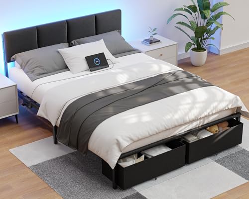 Queen Size Upholstered Platform Bed Frame with Headboard and Storage Drawer Q3270