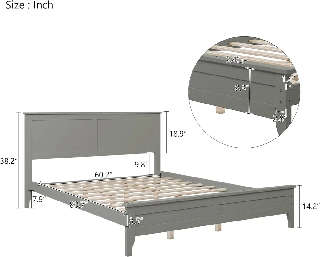 Pine Queen Size Platform Bed Frame with Headboard J5414