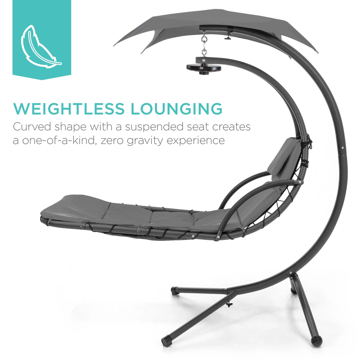 Hanging LED-Lit Curved Chaise Lounge Chair with Pillow, Canopy, Stand - Gray U24490