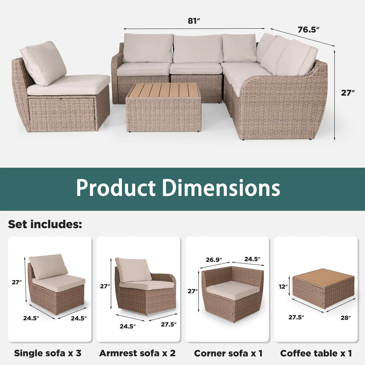 7 Pcs Half-Round Rattan Patio Furniture Set with Cushion and Table D3332